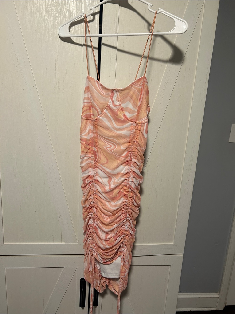 Almost Famous Peach Swirl Ruched Midi Dress